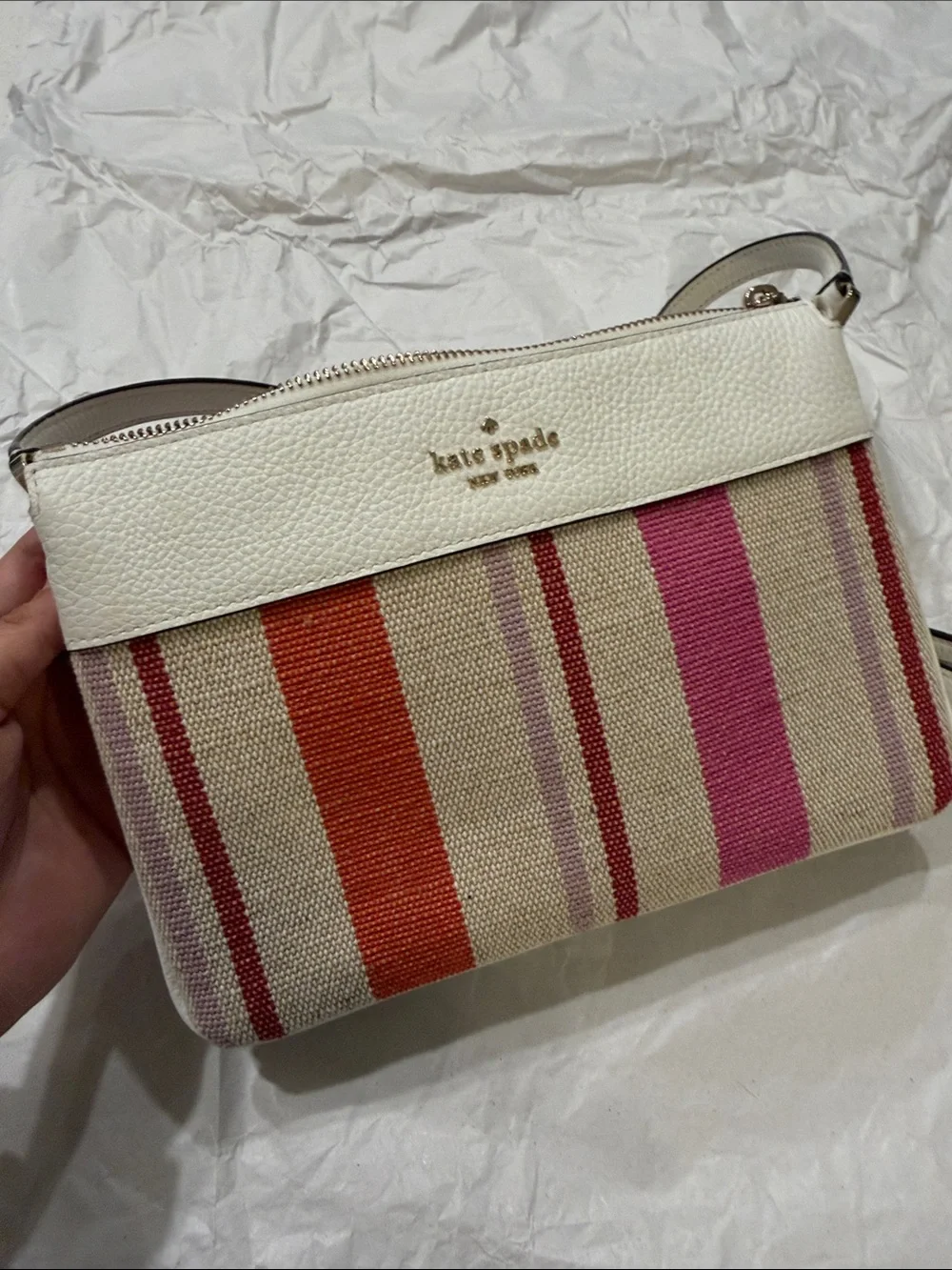 kate spade Cream Canvas Crossbody with Pink & Orange Stripes